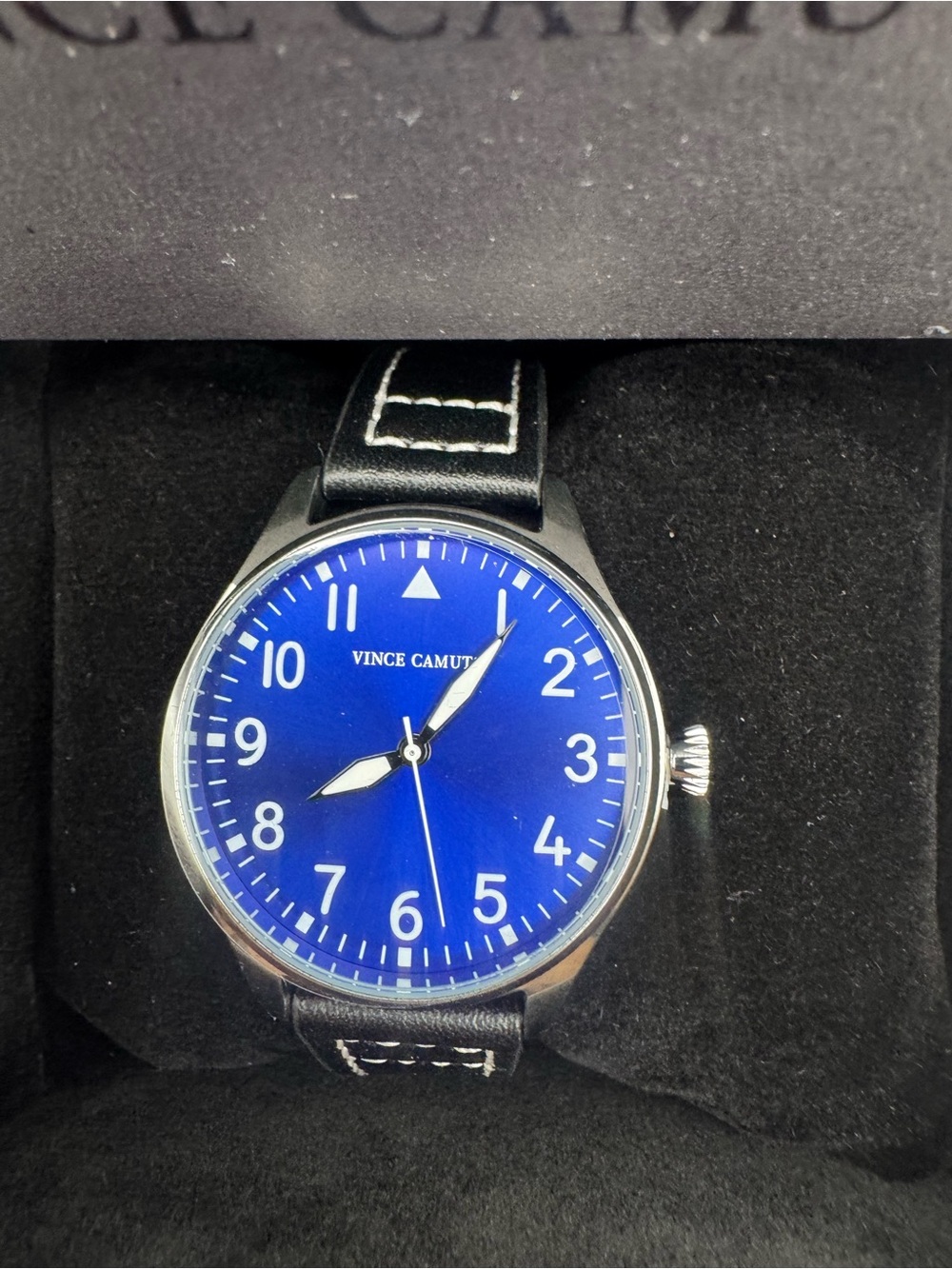 Vince Camuto Men’s Royal Blue Dial Black Leather Strap Watch